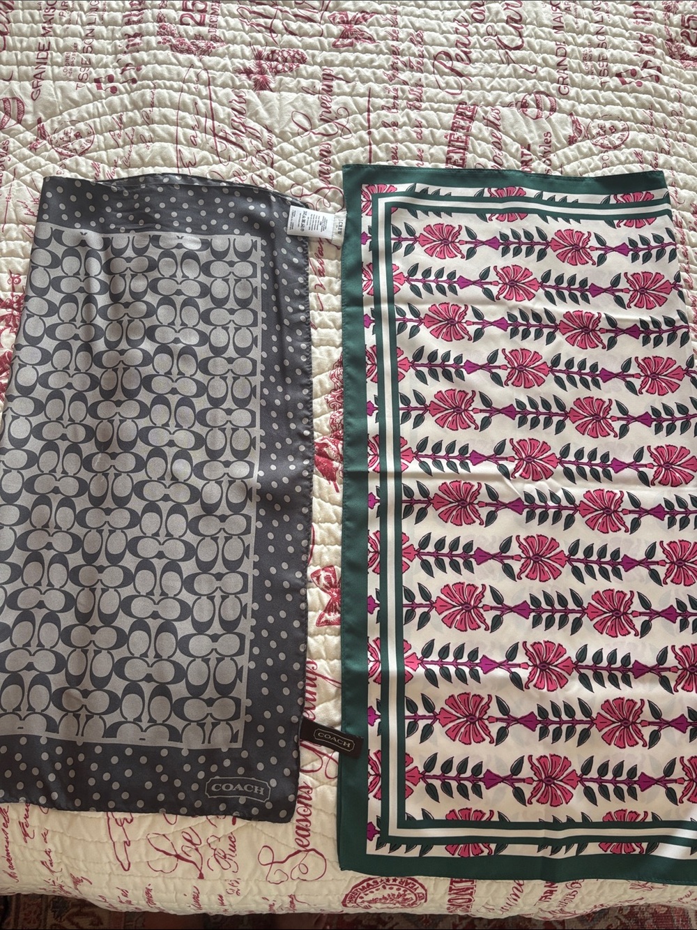 Pair of Scarfs: COACH Silk Scarf in Gray Tones and J CREW Floral Scarf